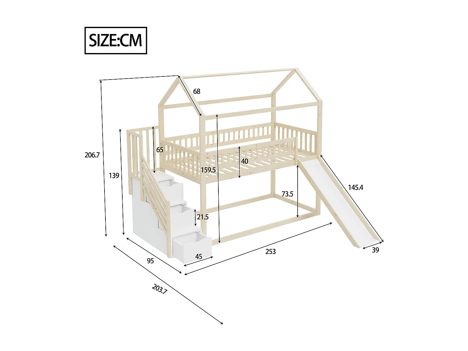 Lit superposé 90x200 cm - Lit cabane avec échelle de rangement et toboggan - blanc et naturel - sans matelas