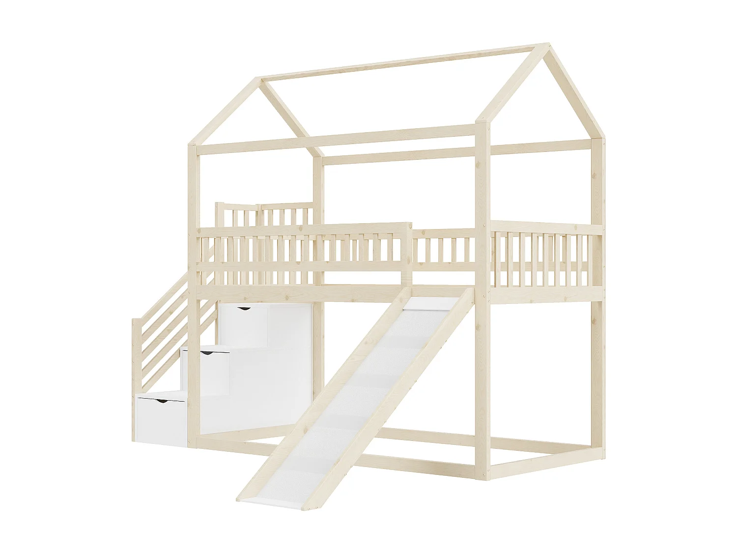 Lit superposé 90x200 cm - Lit cabane avec échelle de rangement et toboggan - blanc et naturel - sans matelas