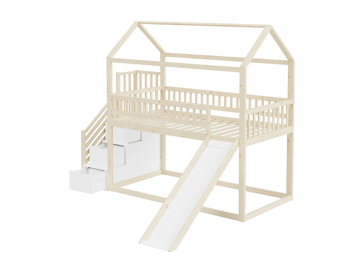 Lit superposé 90x200 cm - Lit cabane avec échelle de rangement et toboggan - blanc et naturel - sans matelas