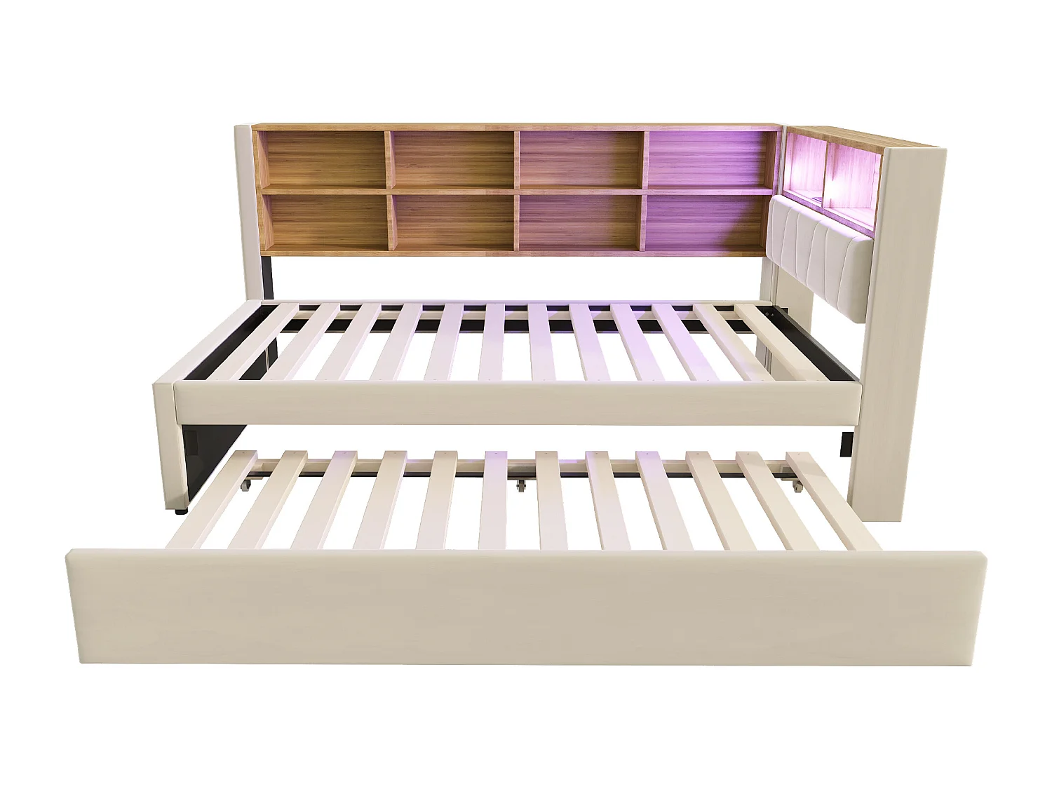 Kinderbett 90 x 200 / 90 x 190 cm – Ausziehbett mit LED-Beleuchtung und USB- sowie USB-C-Anschlüssen – beiger Flanellbezug