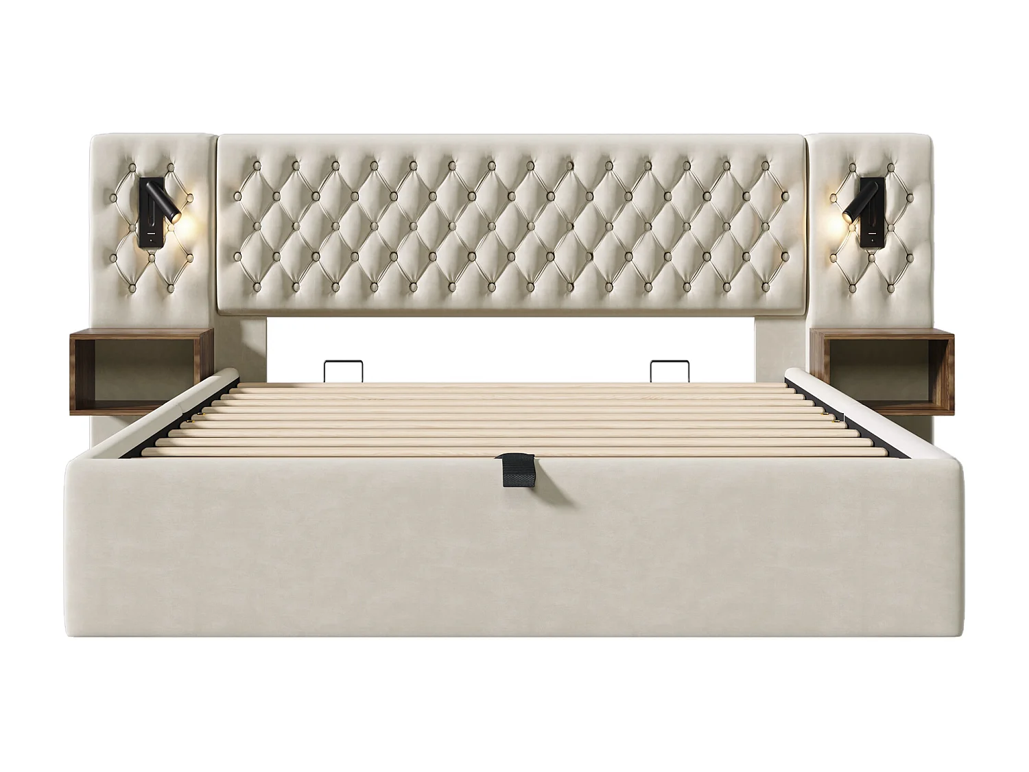 Lit coffre 160x200 cm - Lit adulte avec table de chevet, lampe de lecture et port USB - velours beige - sans matelas