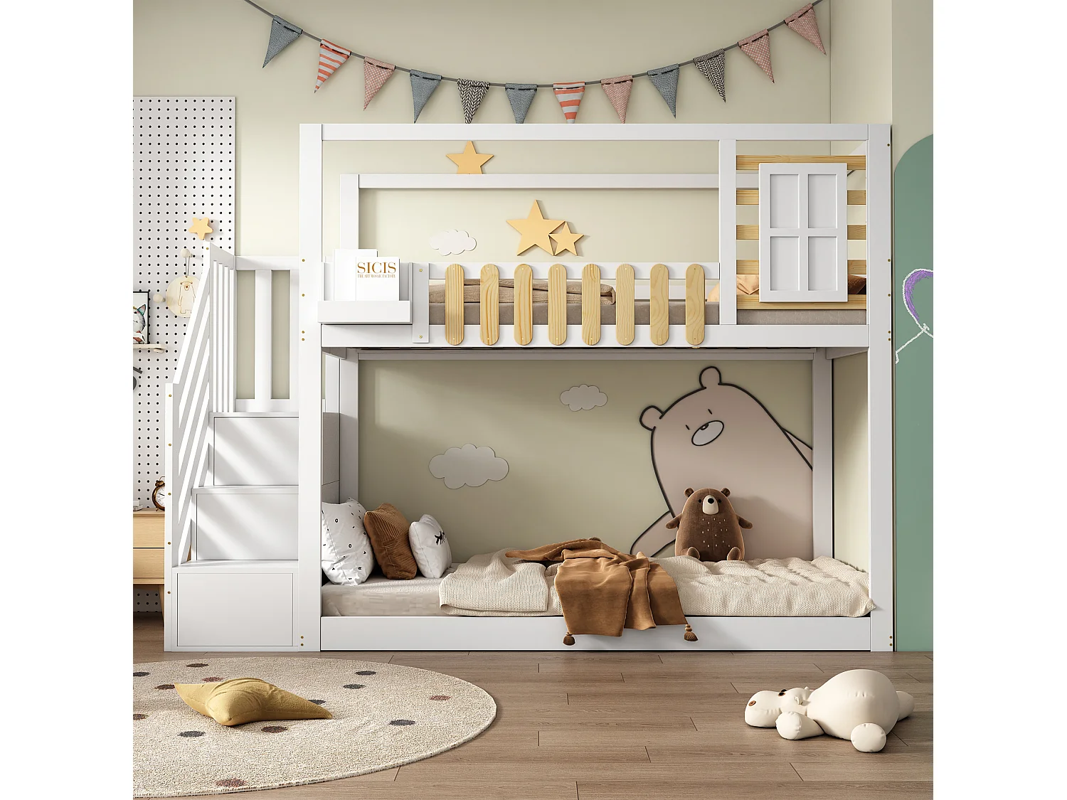 Lit superposé 90x200cm - avec échelle de rangement - bois blanc et naturel - sans matelas