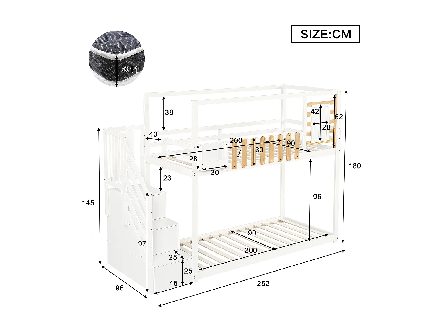 Lit superposé 90x200cm - avec échelle de rangement - bois blanc et naturel - sans matelas