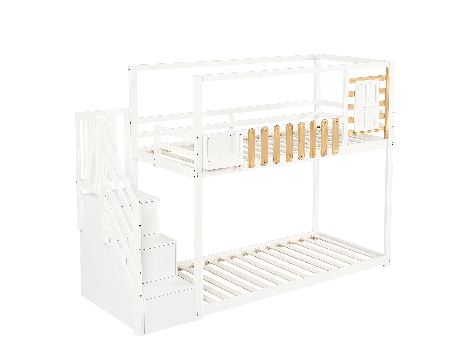 Lit superposé 90x200cm - avec échelle de rangement - bois blanc et naturel - sans matelas