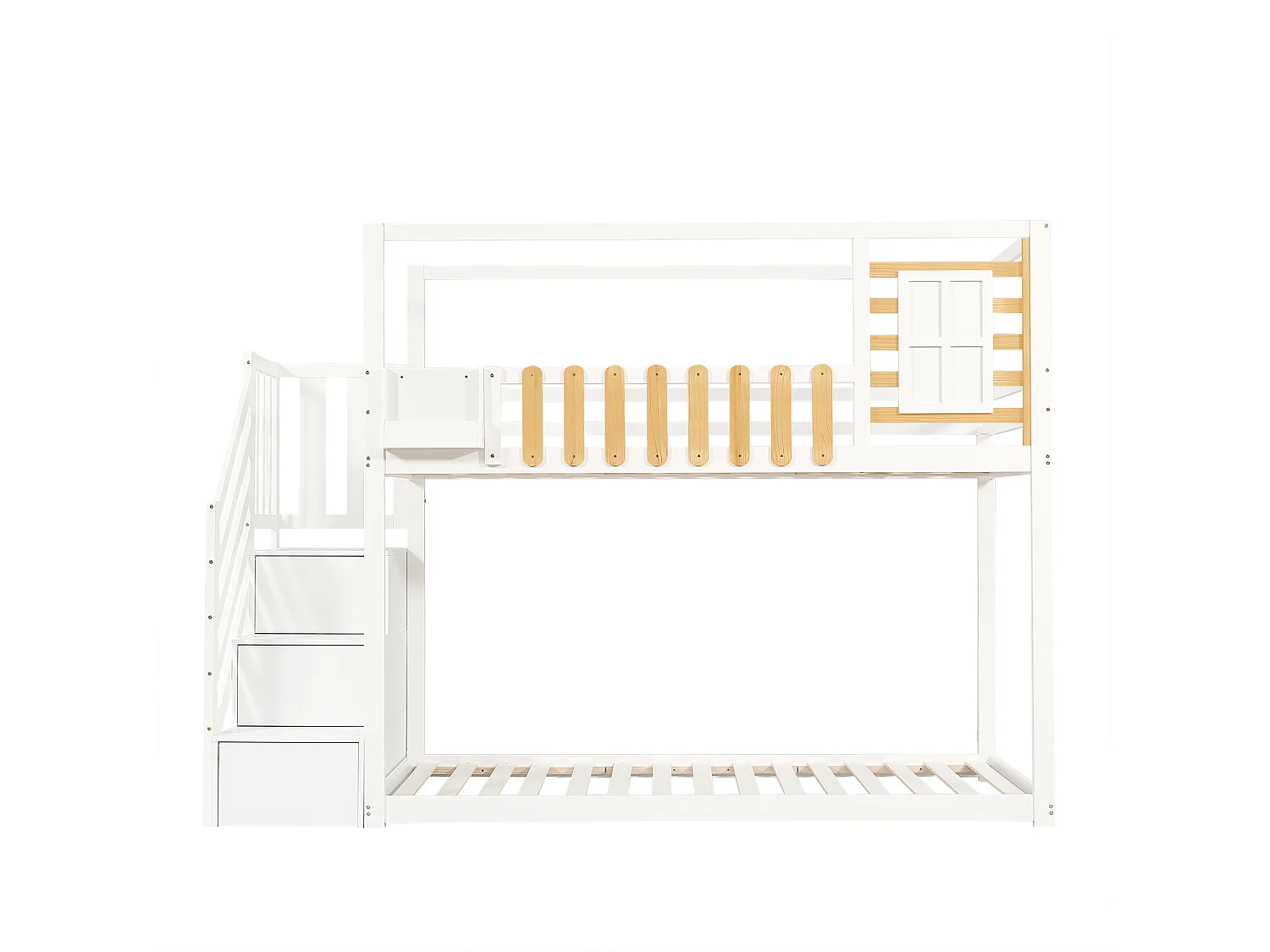 Lit superposé 90x200cm - avec échelle de rangement - bois blanc et naturel - sans matelas