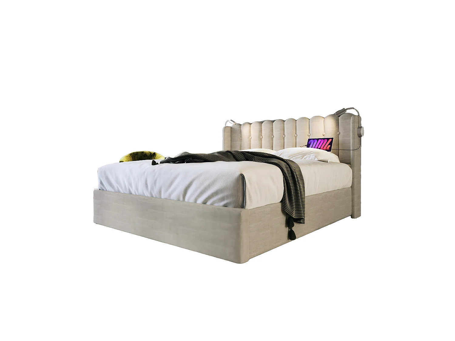 Lit coffre 140x200 cm - avec tête de lit, USB, sommier à lattes - en lin - beige - matelas inclus