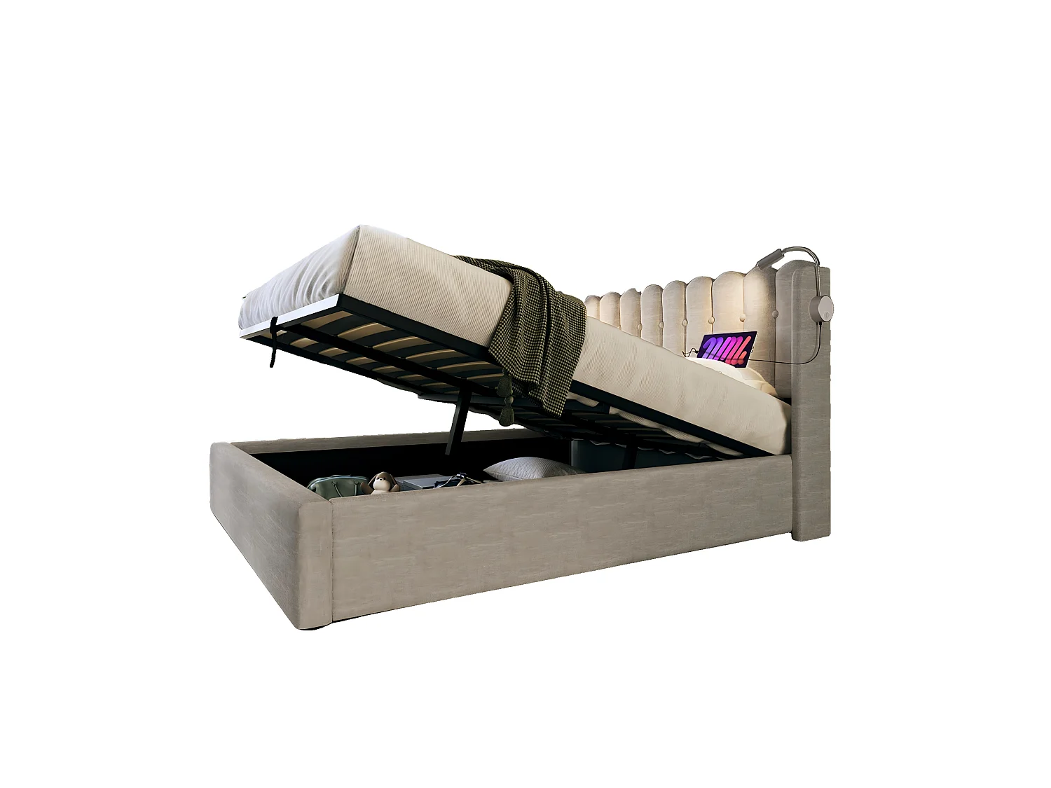 Lit coffre 140x200 cm - avec tête de lit, USB, sommier à lattes - en lin - beige - matelas inclus