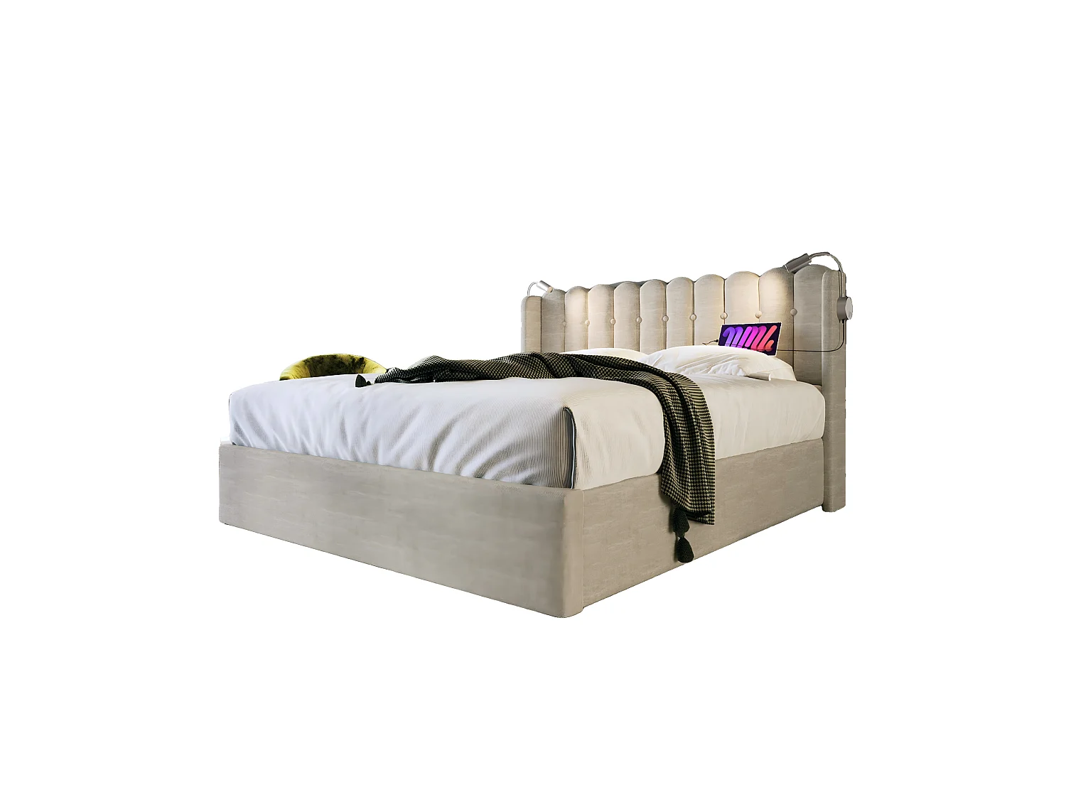 Lit coffre 140x200 cm - avec tête de lit, USB, sommier à lattes - en lin - beige - matelas inclus