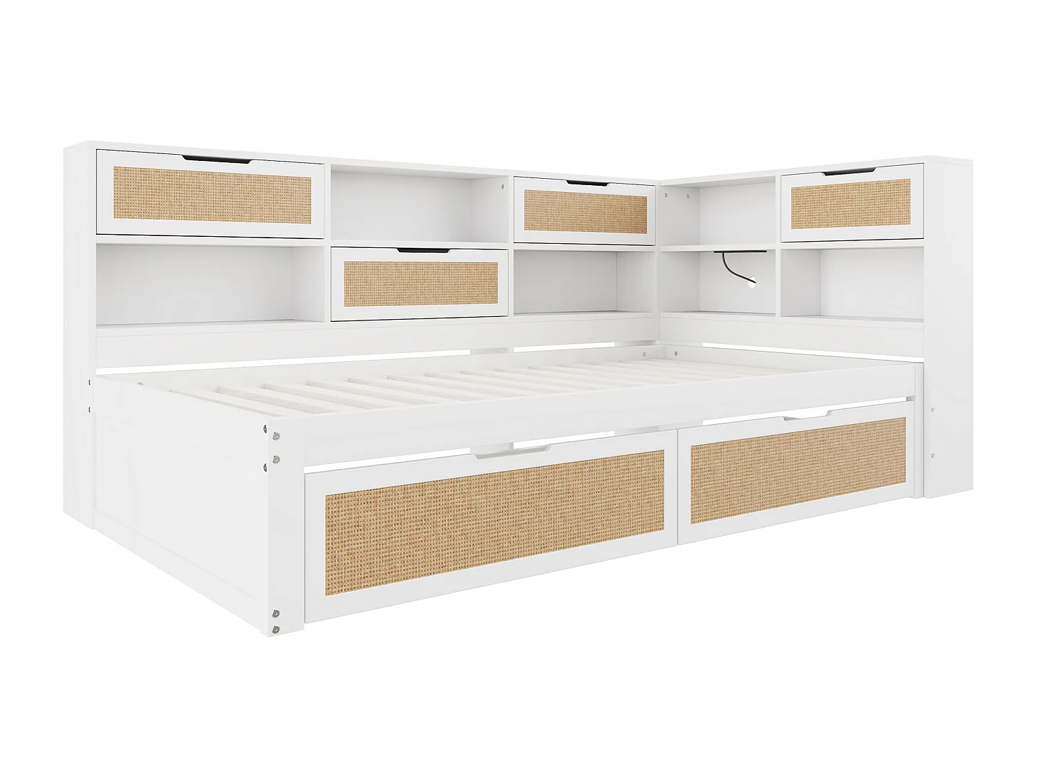 Tagesbett 90 x 200 cm – Kinderbett mit Staufächern und 2 Schubladen – weiß – Matratze nicht enthalten