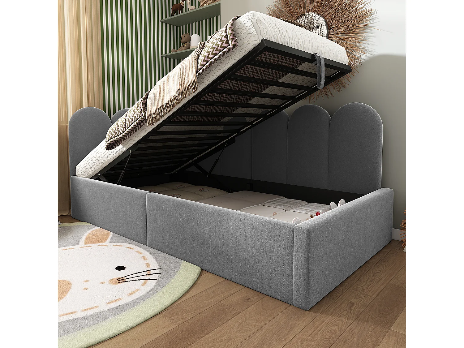 Lit banquette 90x200 cm - Lit enfant avec rangement et sommier à lattes métalliques - velours gris - sans matelas