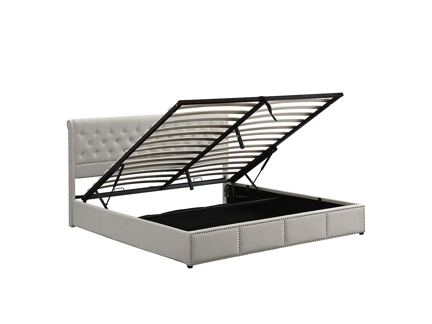 Lit coffre 140 x 190 cm - avec tête de lit, sommier à lattes - en lin - gris - sans matelas