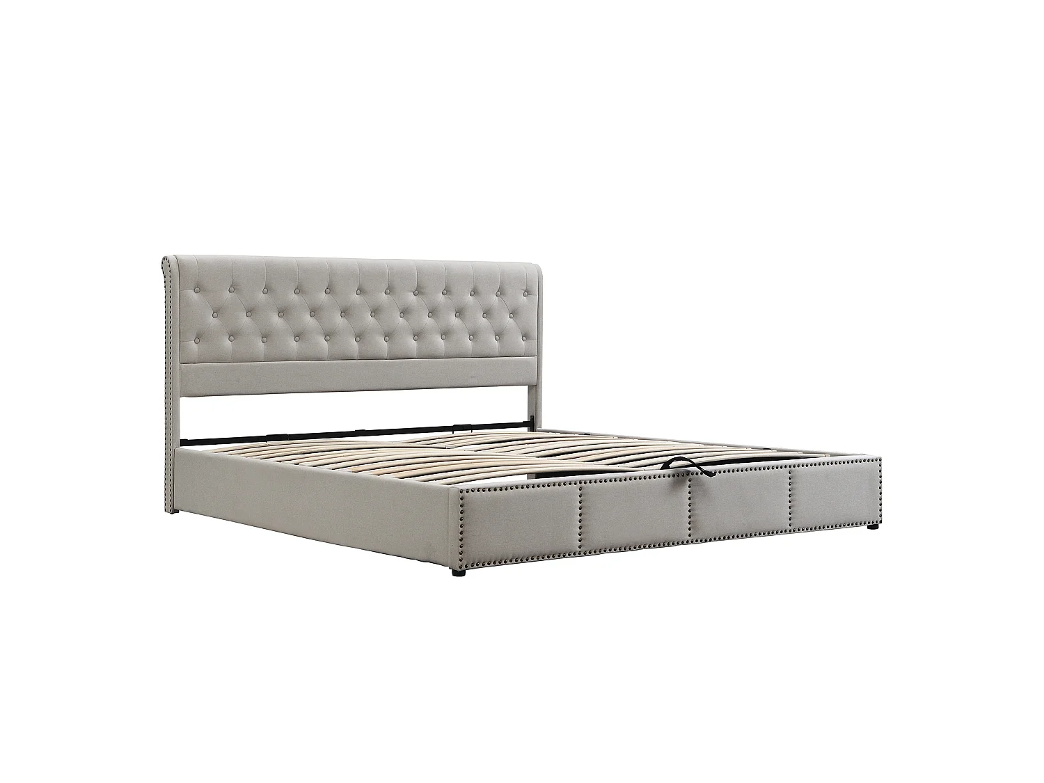 Lit coffre 140 x 190 cm - avec tête de lit, sommier à lattes - en lin - gris - sans matelas