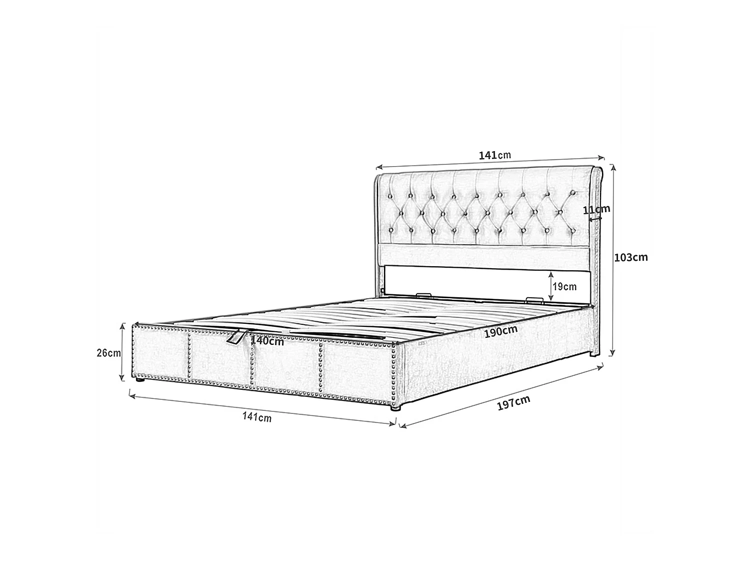 Lit coffre 140 x 190 cm - avec tête de lit, sommier à lattes - en lin - gris - sans matelas