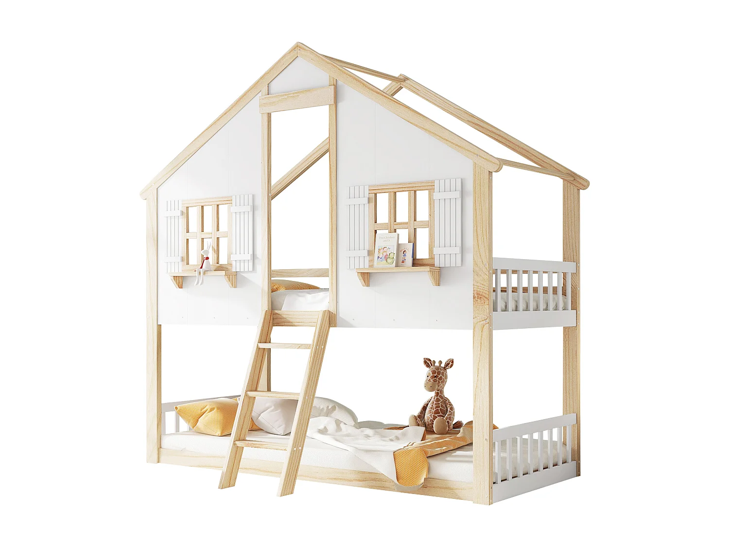 Łóżko piętrowe 90x200 cm - łóżko dla dzieci z Drabinka i stelaż z listew - kolor biały i naturalny - materac nie jest wliczony w cenę. Materac wliczony w cenę.