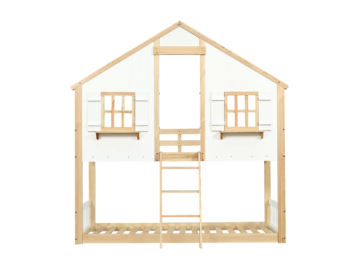 Łóżko piętrowe 90x200 cm - łóżko dla dzieci z Drabinka i stelaż z listew - kolor biały i naturalny - materac nie jest wliczony w cenę. Materac wliczony w cenę.