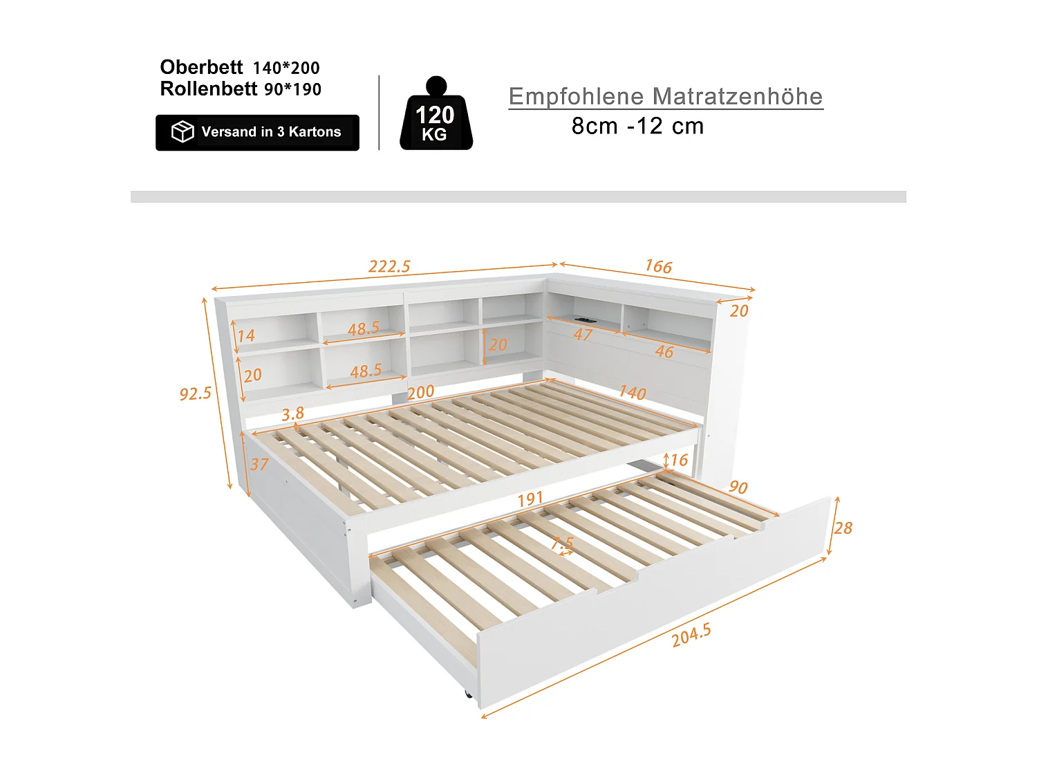 Lit adulte 140 x 200 cm - avec USB et rangement ouvert - blanc - sans mateLas