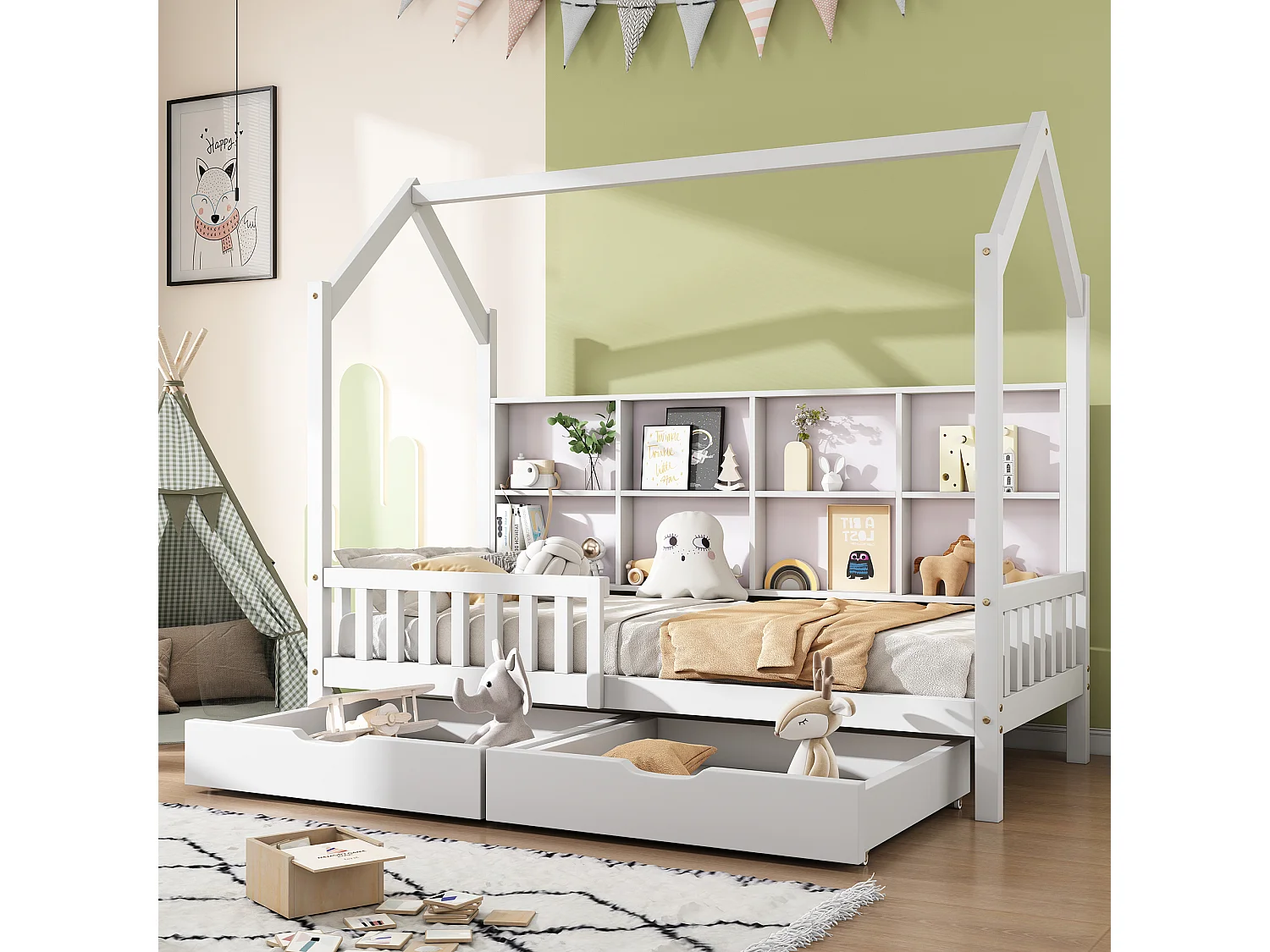 Cama nido de 90x200 cm - Cama infantil con 2 cajones y compartimento - Blanco - Sin colchón