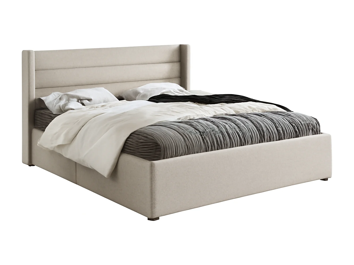 Lit coffre 160x200 cm - avec tête de lit, sommier à lattes - lin beige - matelas inclus