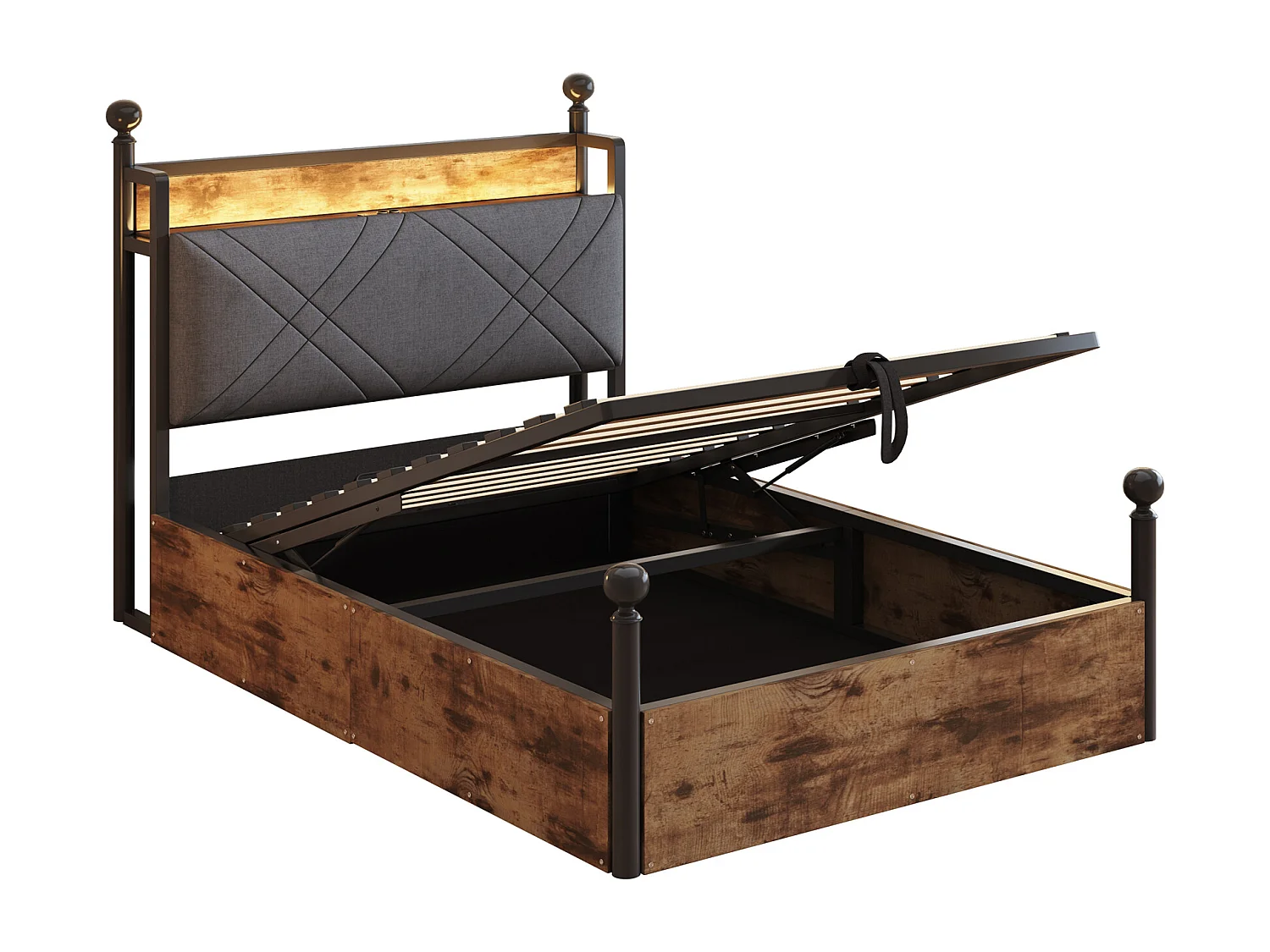 Bett mit Stauraum 90 x 190 cm – Kinderbett mit LED-Beleuchtung, USB-Anschluss, Kopfteil und 2 Schubladen – Metall – schwarz – Matratze nicht enthalten