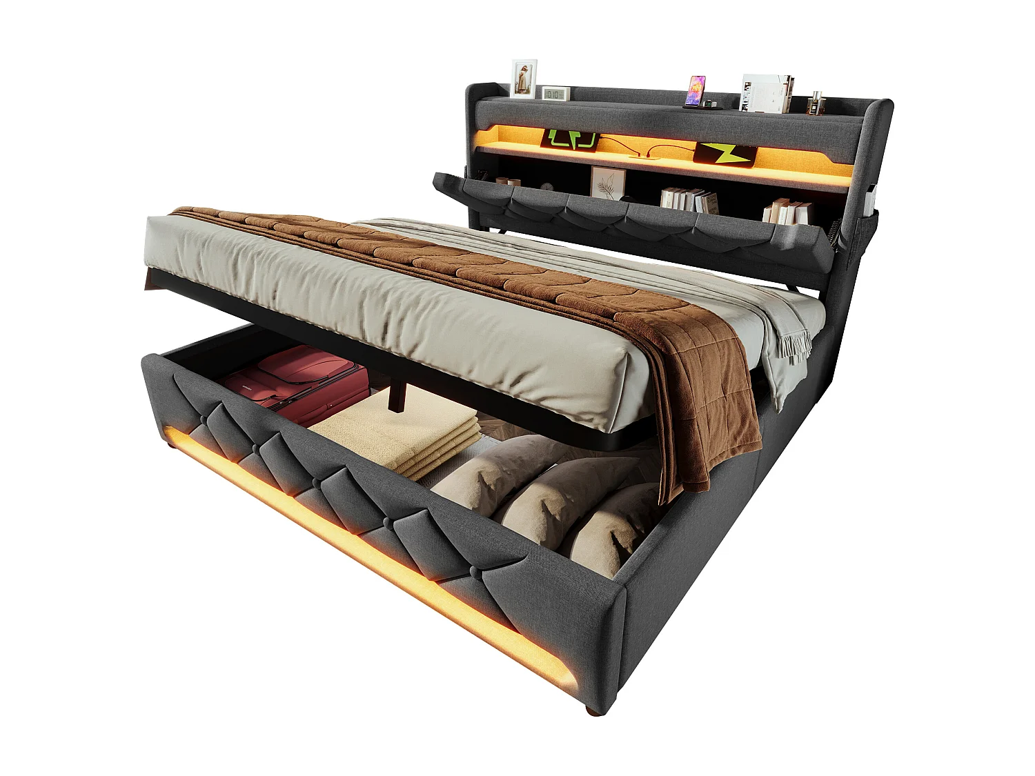 Lit coffre 180x200 cm - avec tête de lit avec USB et Type-C, éclairage LED 360° - lin gris - sans matelas