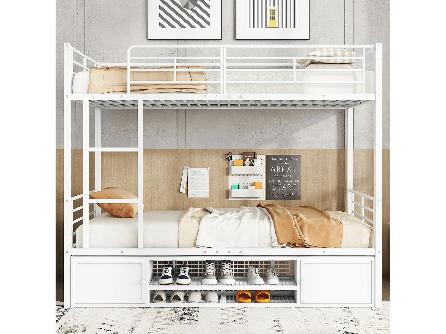 Etagenbett 90x200 cm – mit Schuhregalen – weißes Metall – ohne Matratze