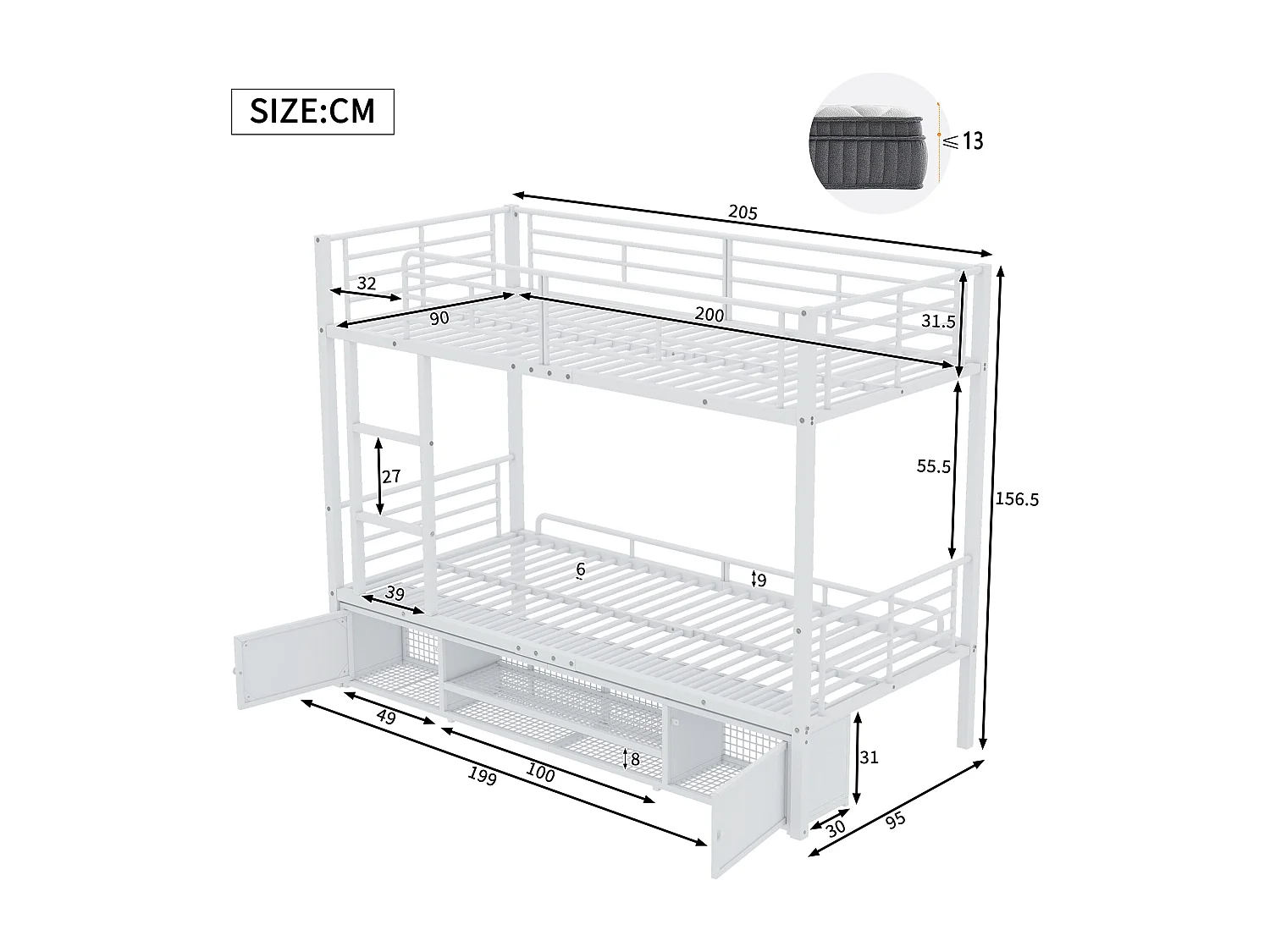 Etagenbett 90x200 cm – mit Schuhregalen – weißes Metall – ohne Matratze