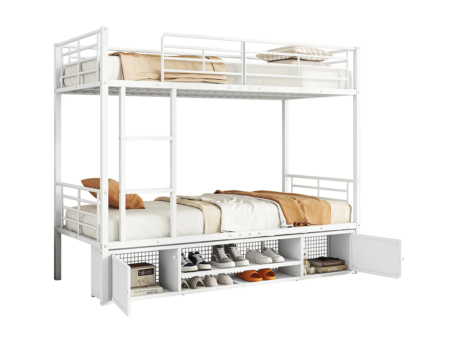 Etagenbett 90x200 cm – mit Schuhregalen – weißes Metall – ohne Matratze