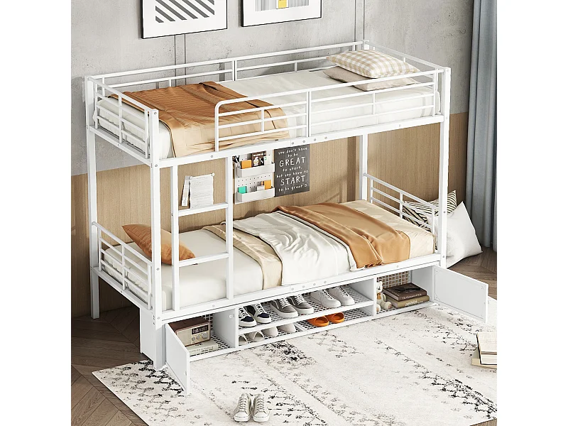 Stapelbed 90x200 cm - met schoenenplanken - wit metaal - zonder matras