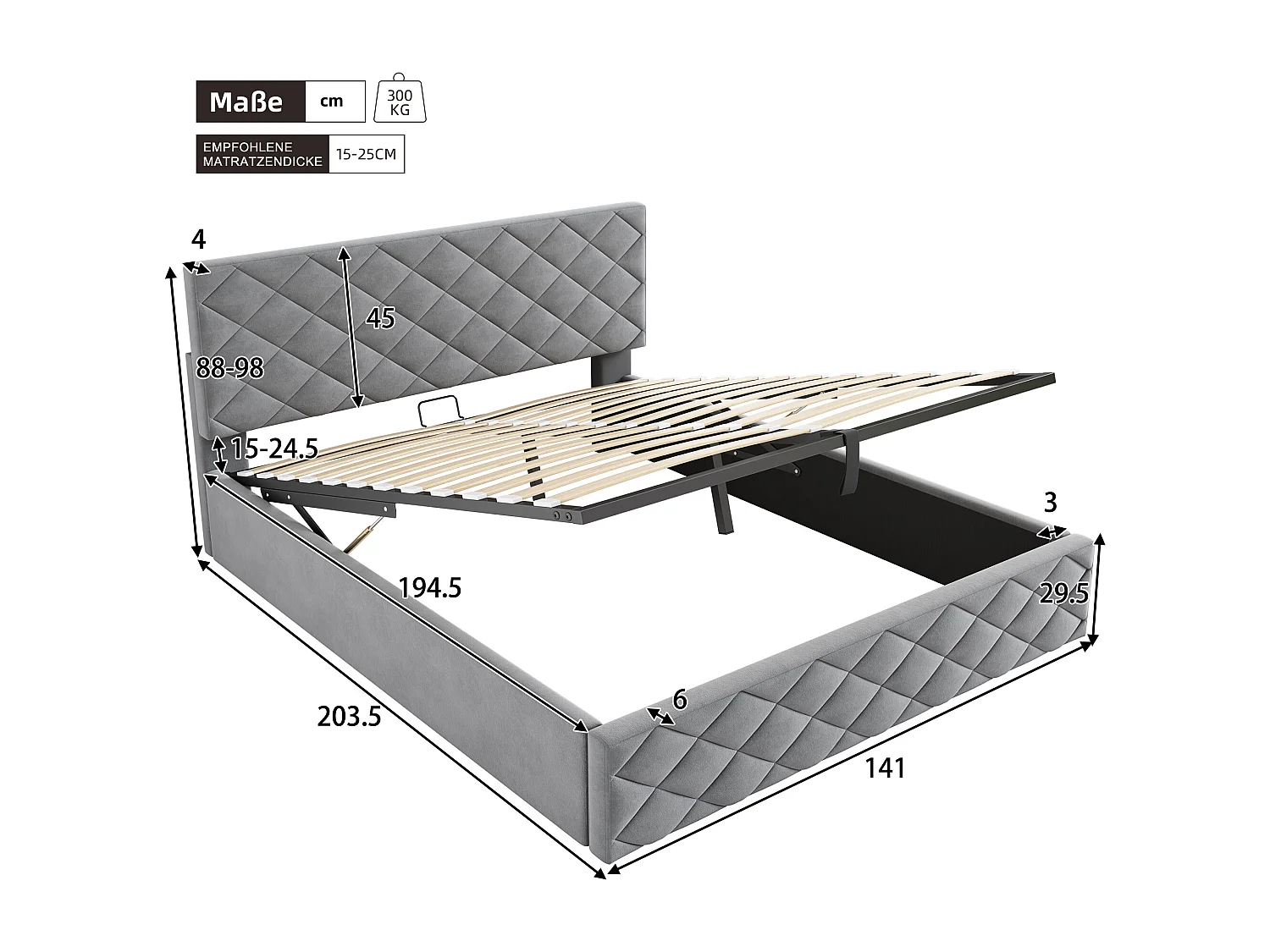 140 x 200 cm Bett mit Stauraum – Erwachsenenbett mit Kopfteil und Lattenrost – grauer Samt – Matratze nicht enthalten.
