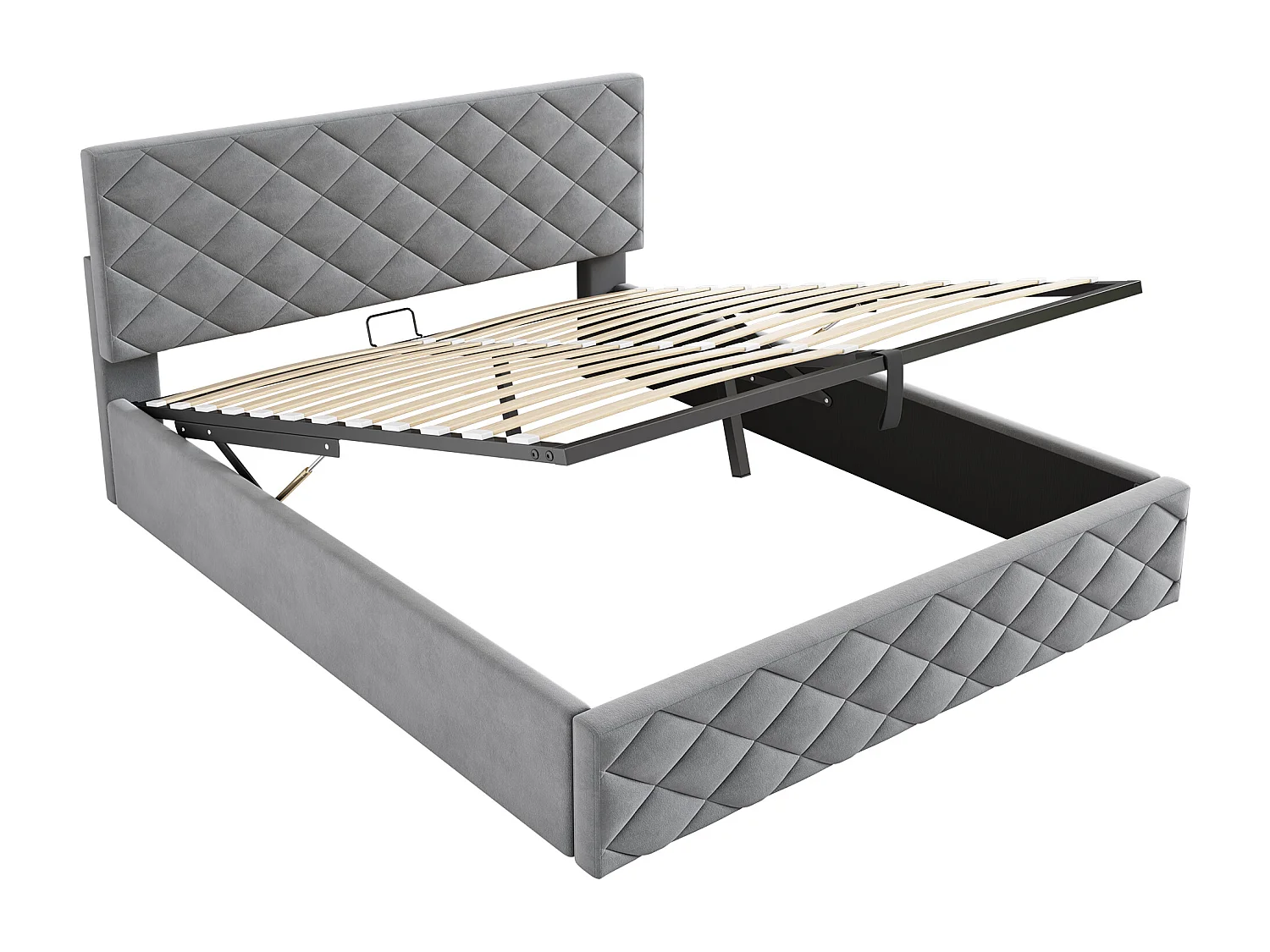 140 x 200 cm Bett mit Stauraum – Erwachsenenbett mit Kopfteil und Lattenrost – grauer Samt – Matratze nicht enthalten.