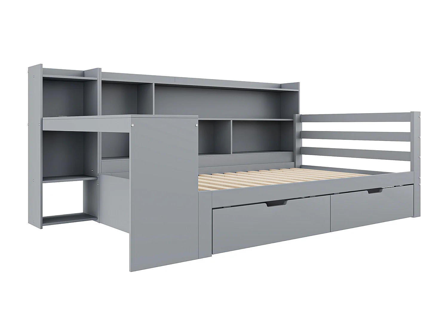 Lit banquette 90x200 cm - Lit enfant avec étagères et 2 tiroirs - bois gris - sans matelas