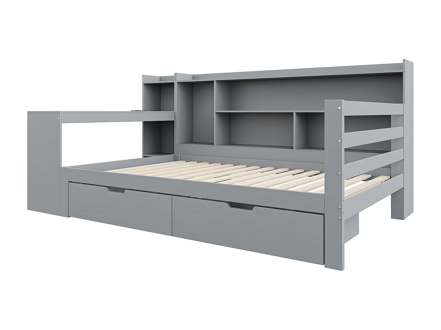 Lit banquette 90x200 cm - Lit enfant avec étagères et 2 tiroirs - bois gris - sans matelas