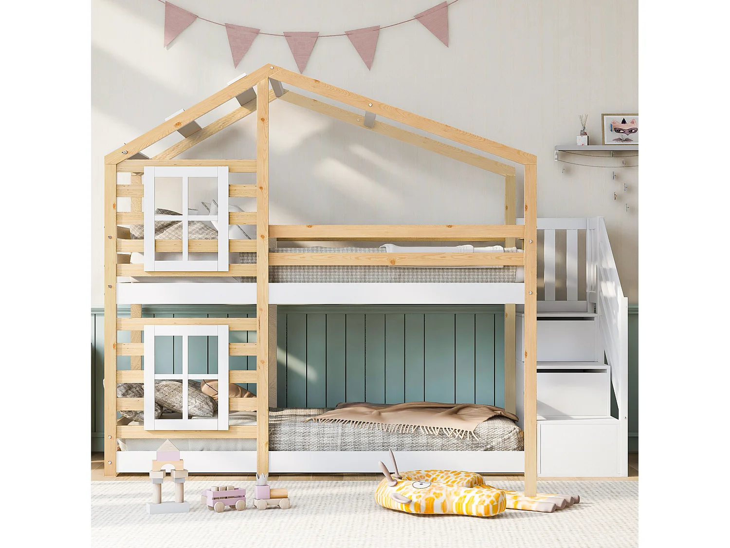 Lit superposé 90x200 cm - Lit enfant avec échelle de rangement et sommier à lattes en bois - naturel et blanc - sans matelas