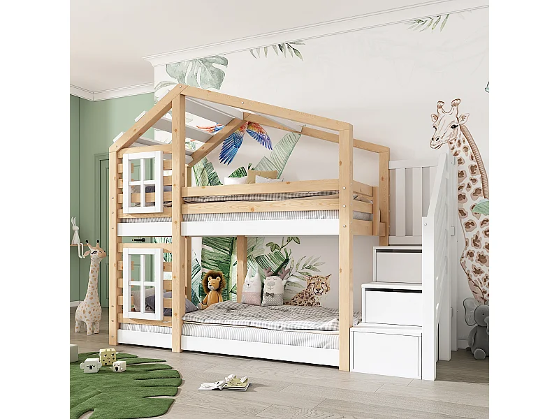 Lit superposé 90x200 cm - Lit enfant avec échelle de rangement et sommier à lattes en bois - naturel et blanc - sans matelas