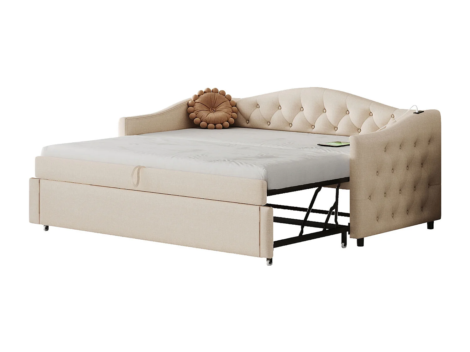 Letto per bambini 90 x 200 cm - con porta USB e rete a doghe - lino beige - materasso non incluso