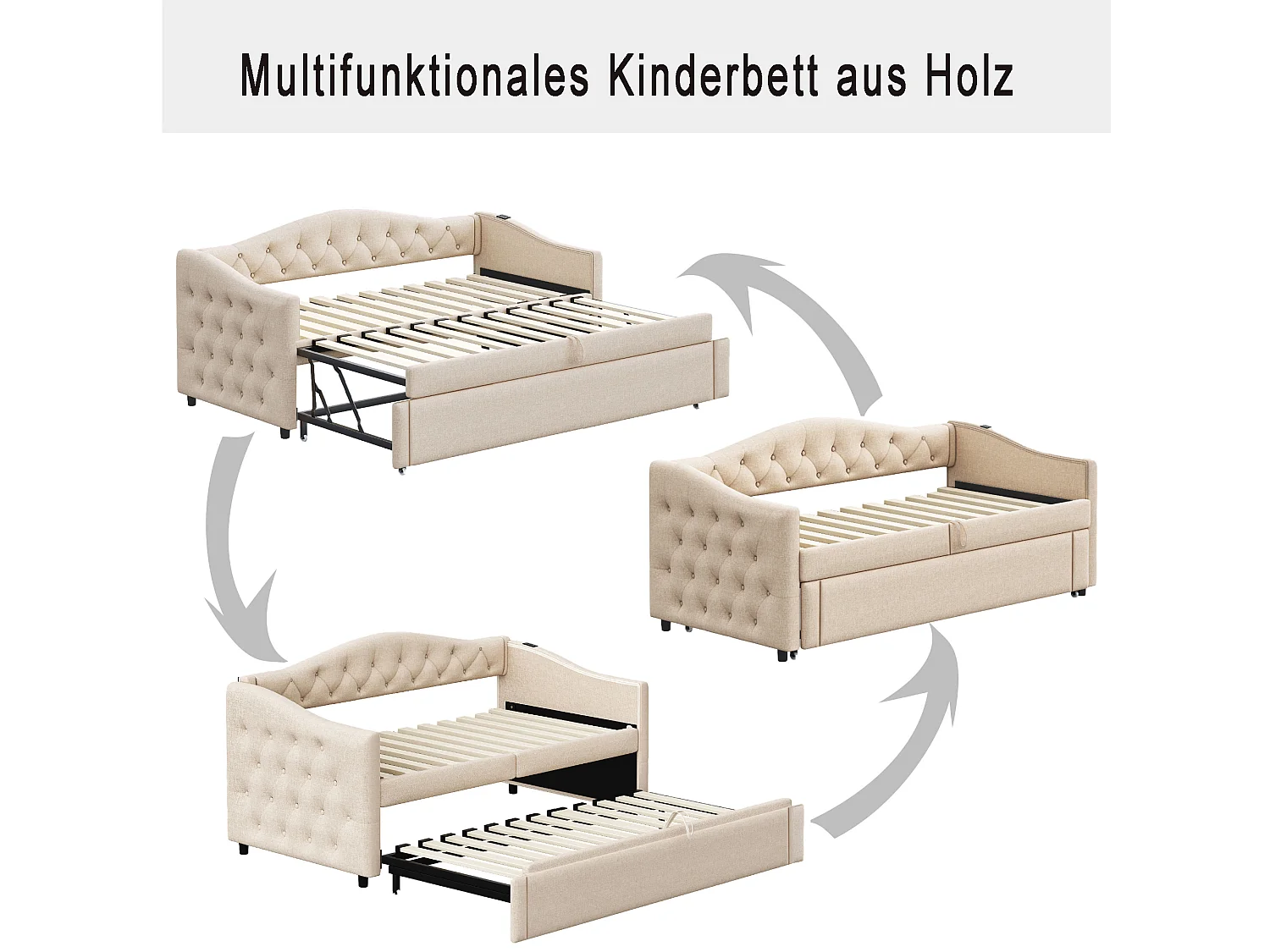 Letto per bambini 90 x 200 cm - con porta USB e rete a doghe - lino beige - materasso non incluso