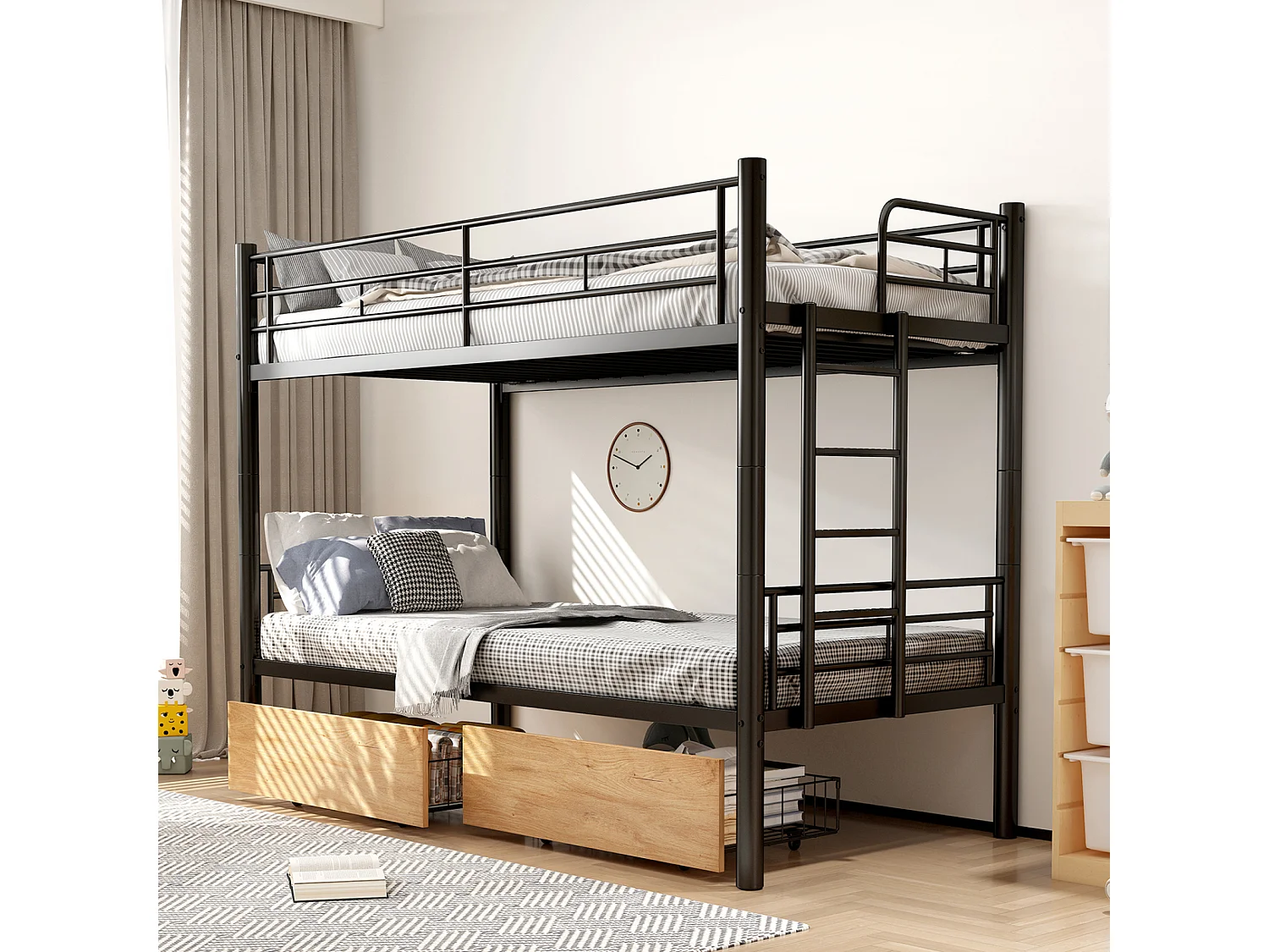 Etagenbett 90 x 190 cm – mit 2 Schubladen, Lattenrost – schwarz