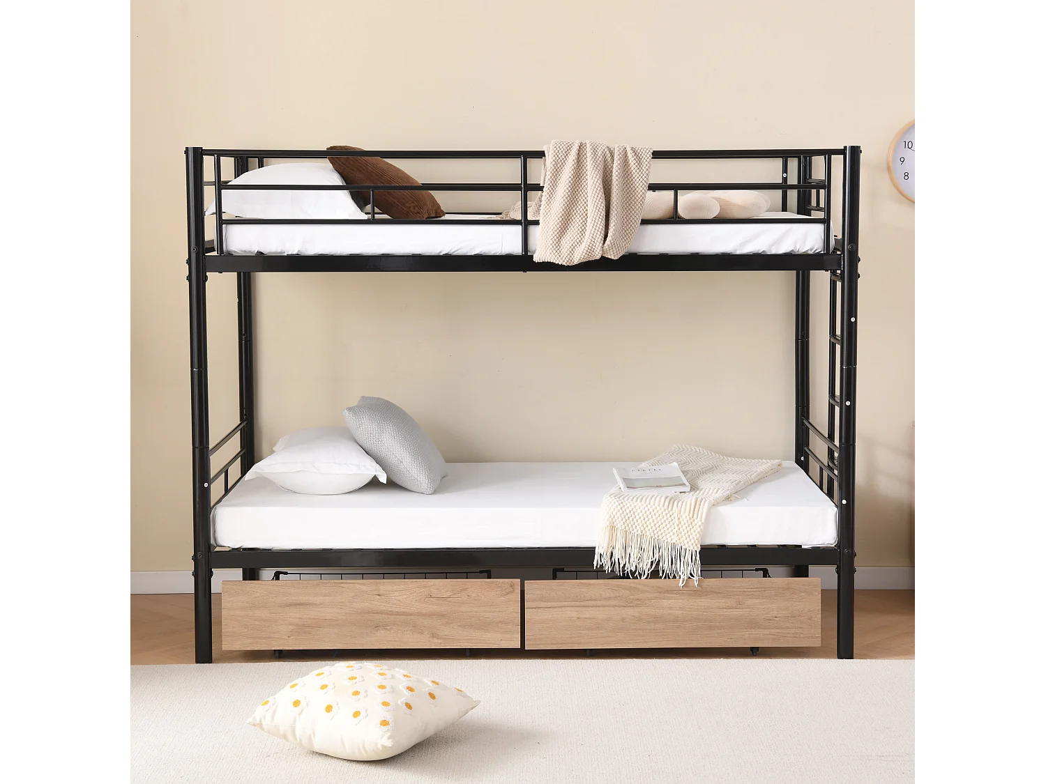 Etagenbett 90 x 190 cm – mit 2 Schubladen, Lattenrost – schwarz