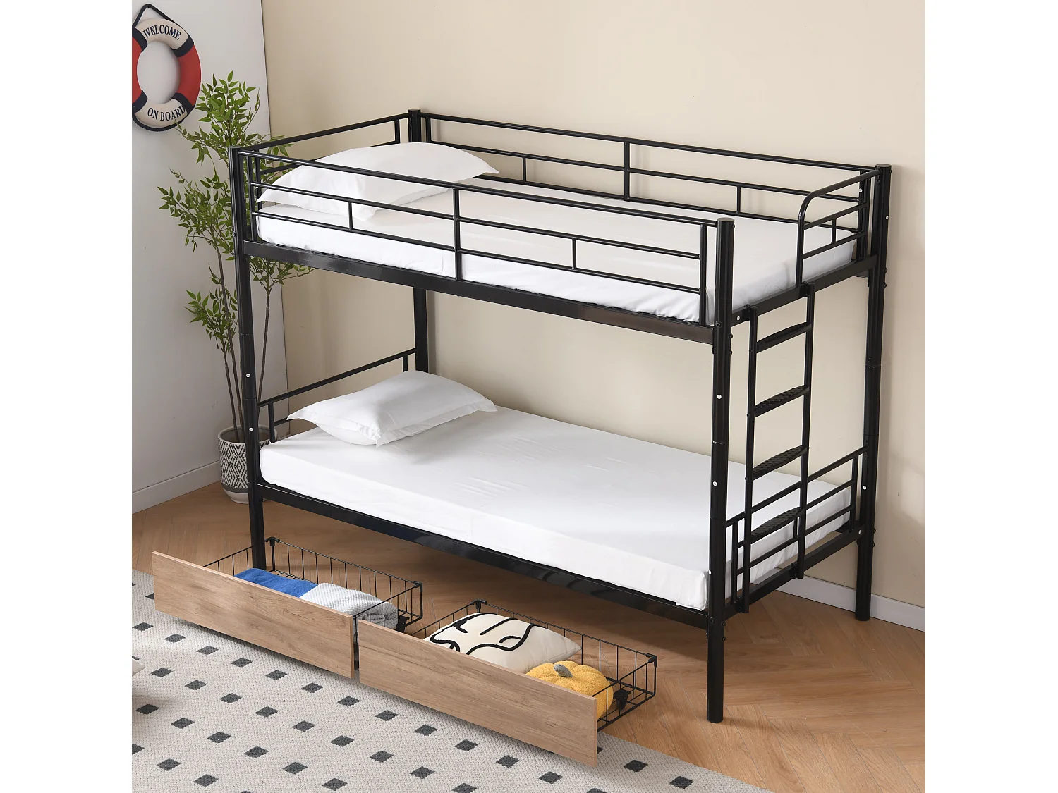 Etagenbett 90 x 190 cm – mit 2 Schubladen, Lattenrost – schwarz