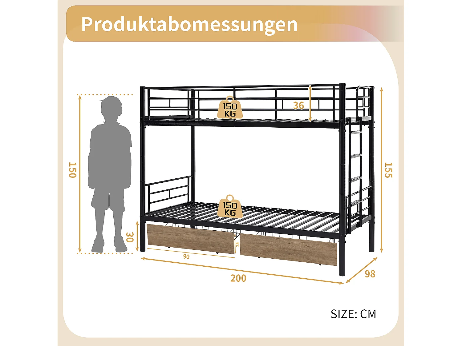 Etagenbett 90 x 190 cm – mit 2 Schubladen, Lattenrost – schwarz