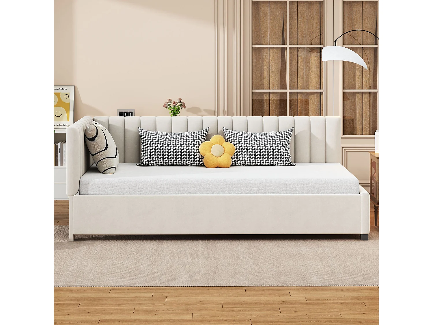 Lit enfant 90x200 cm - avec tête de lit, sommier à lattes - en velours - beige - sans matelas