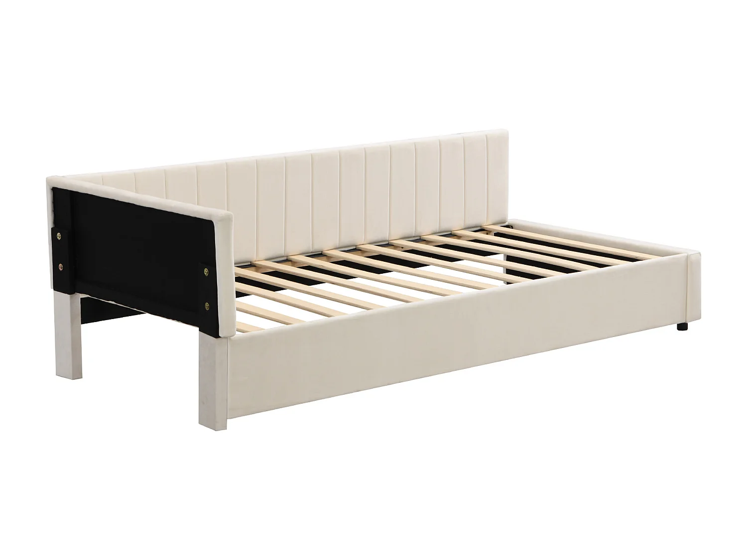 Lit enfant 90x200 cm - avec tête de lit, sommier à lattes - en velours - beige - sans matelas