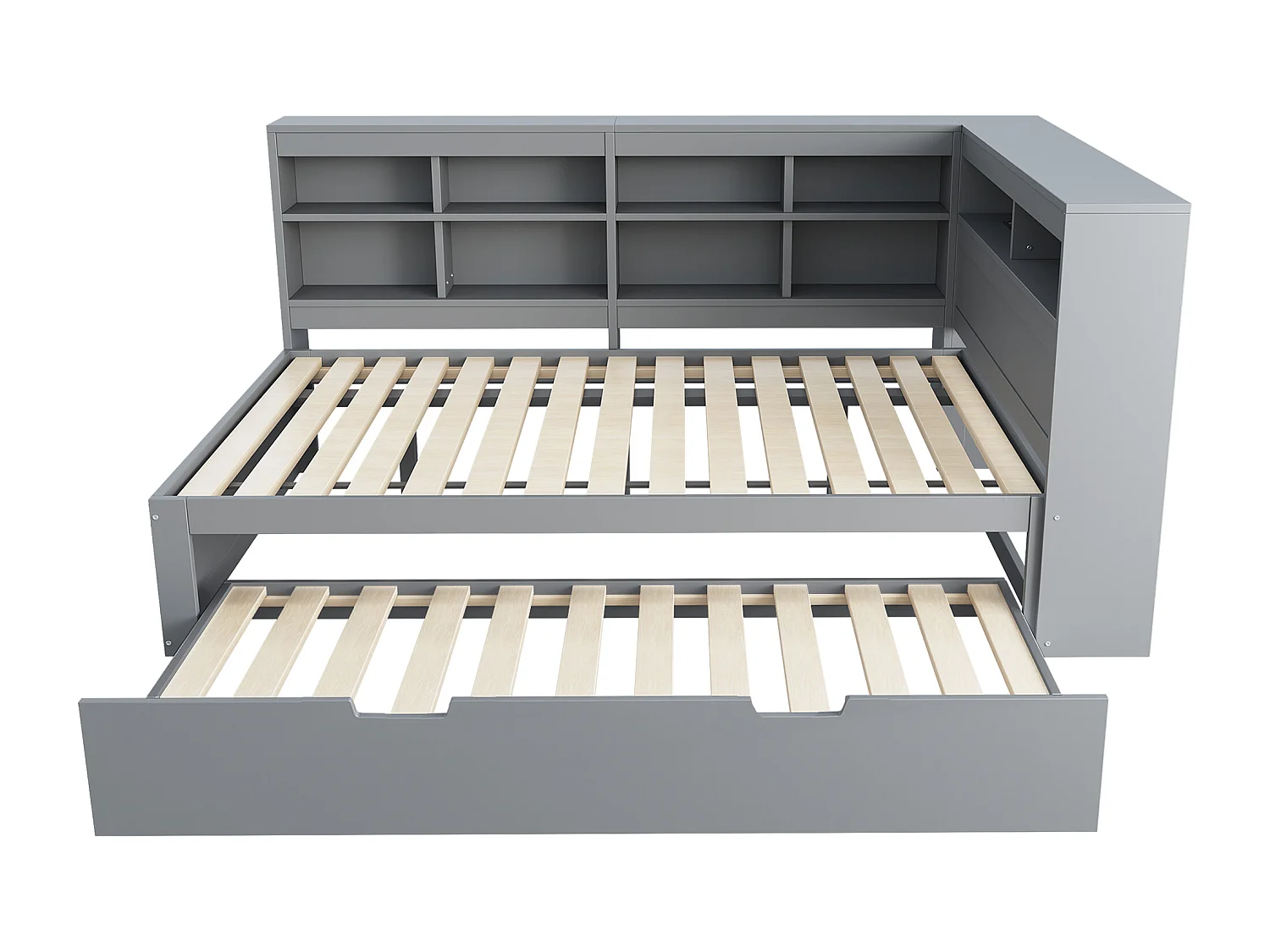 Lit adulte 140x200 - Lit gigogne avec prise USB et nombreux rangements - pin gris - sans matelas