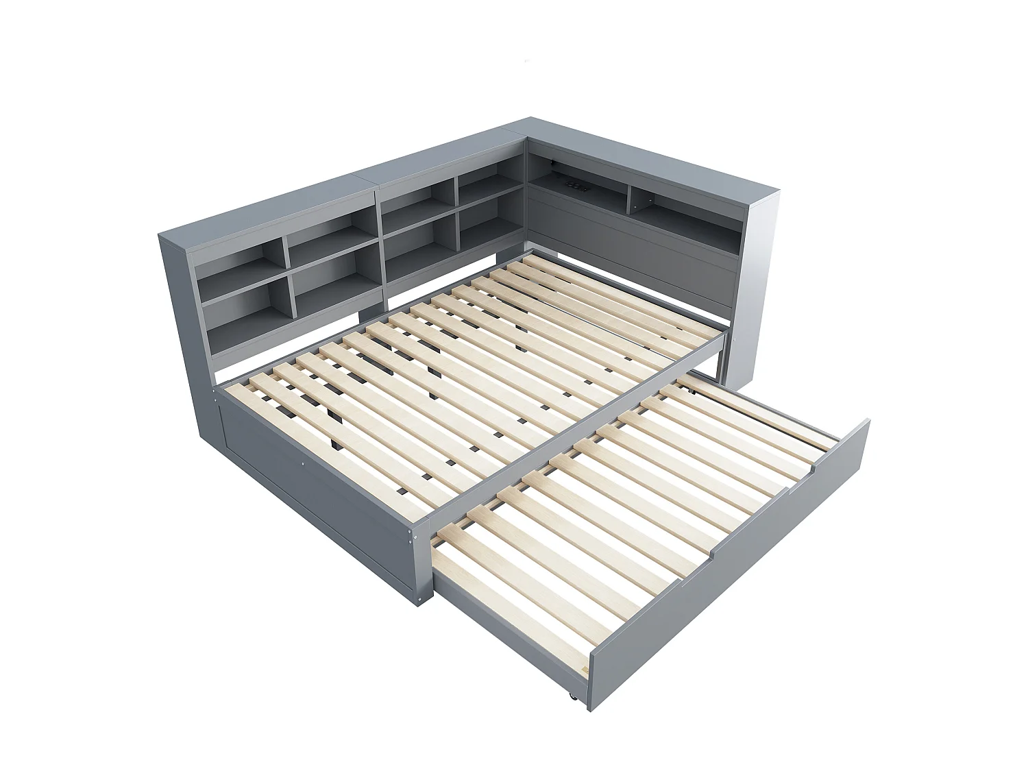 Lit adulte 140x200 - Lit gigogne avec prise USB et nombreux rangements - pin gris - sans matelas