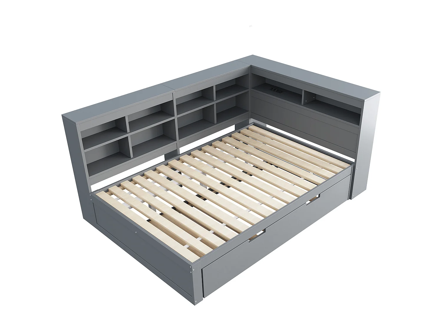 Lit adulte 140x200 - Lit gigogne avec prise USB et nombreux rangements - pin gris - sans matelas