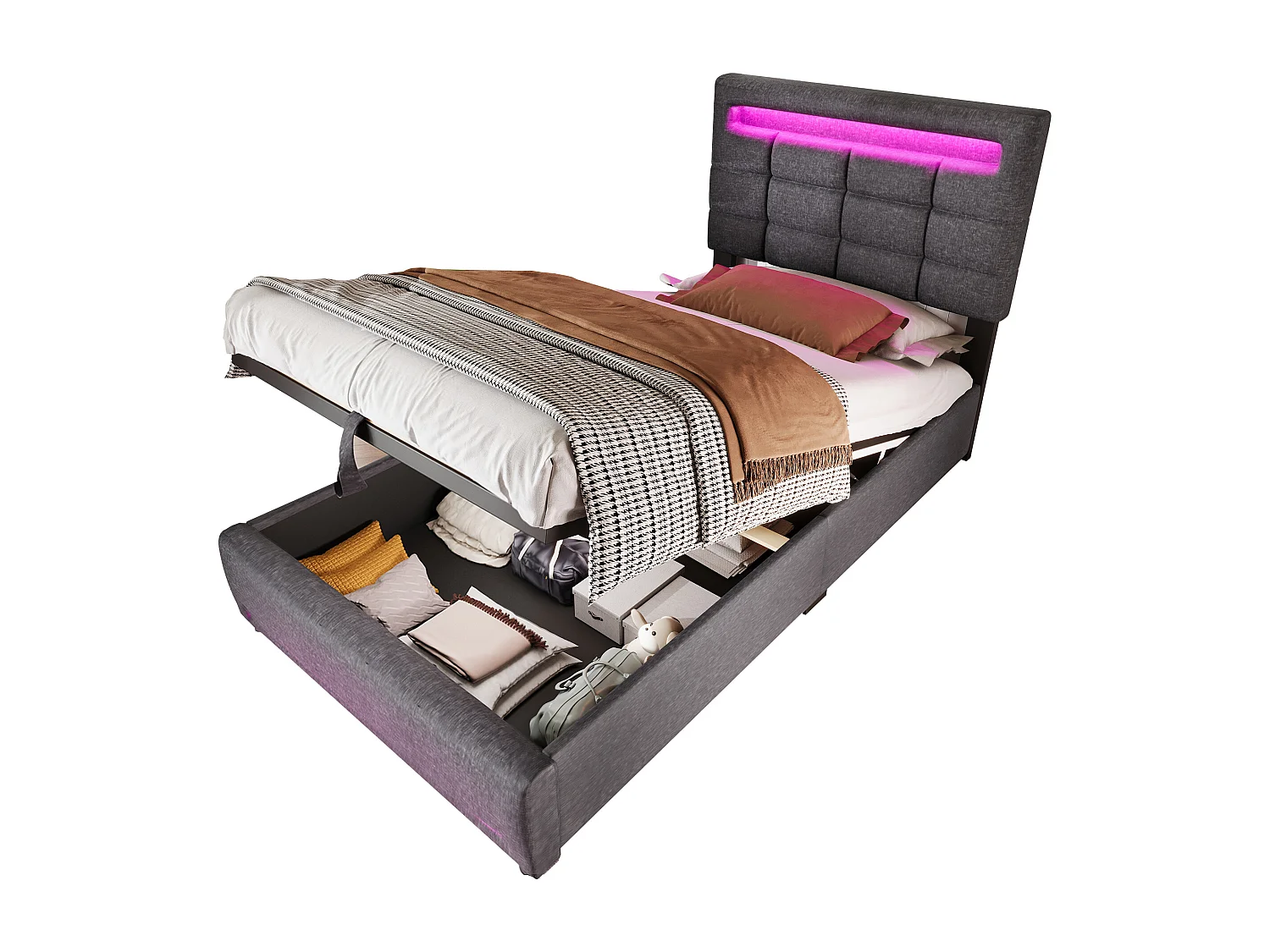 Lit coffre 90x200 cm - avec LED, hydraulique, USB - lin gris - sans matelas