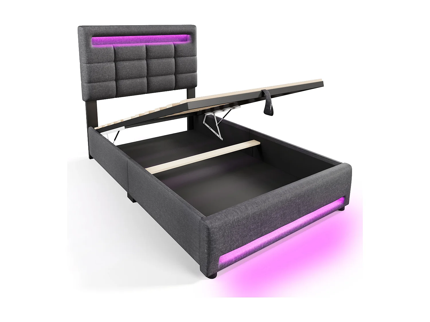 Lit coffre 90x200 cm - avec LED, hydraulique, USB - lin gris - sans matelas