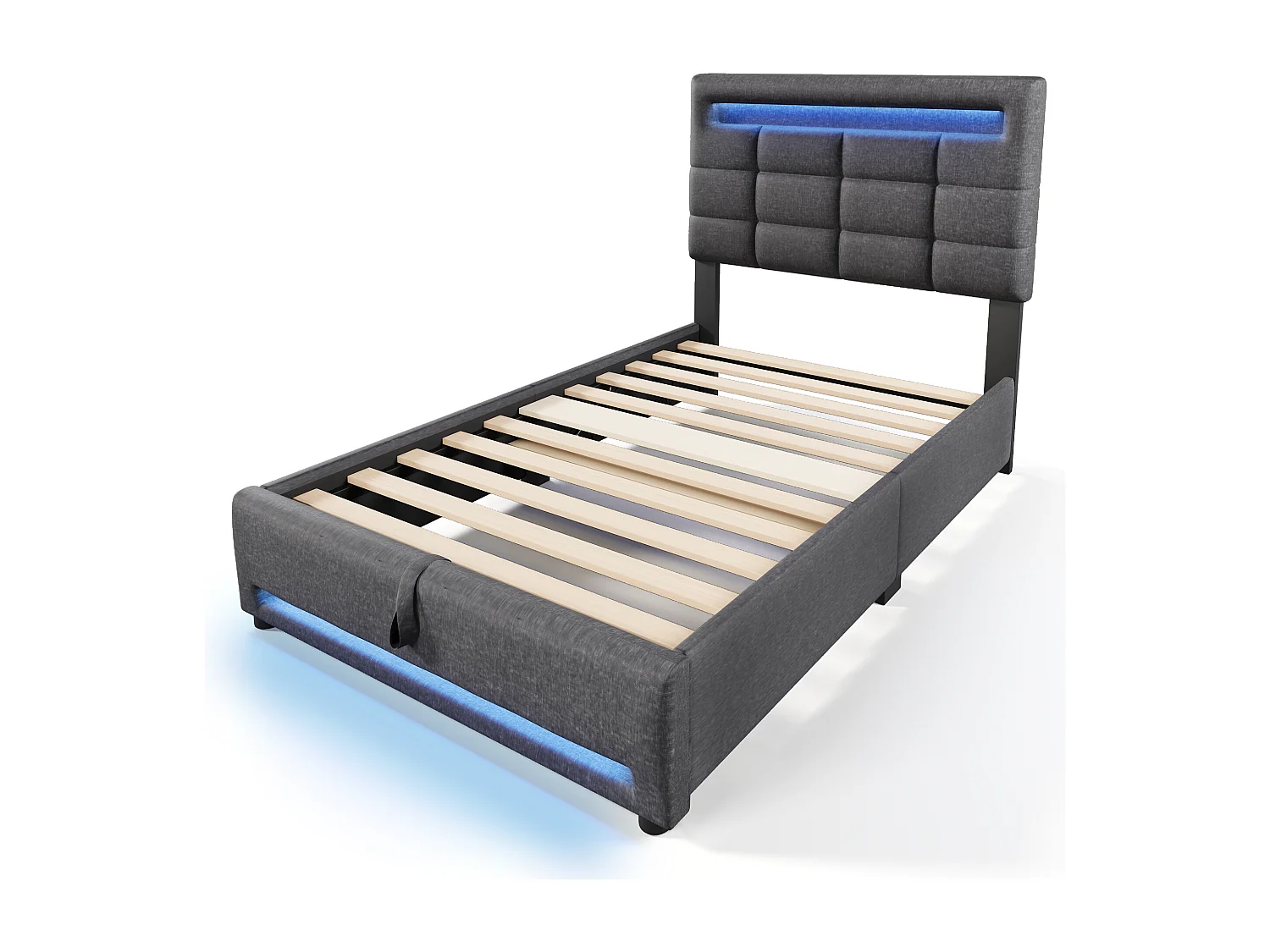 Lit coffre 90x200 cm - avec LED, hydraulique, USB - lin gris - sans matelas