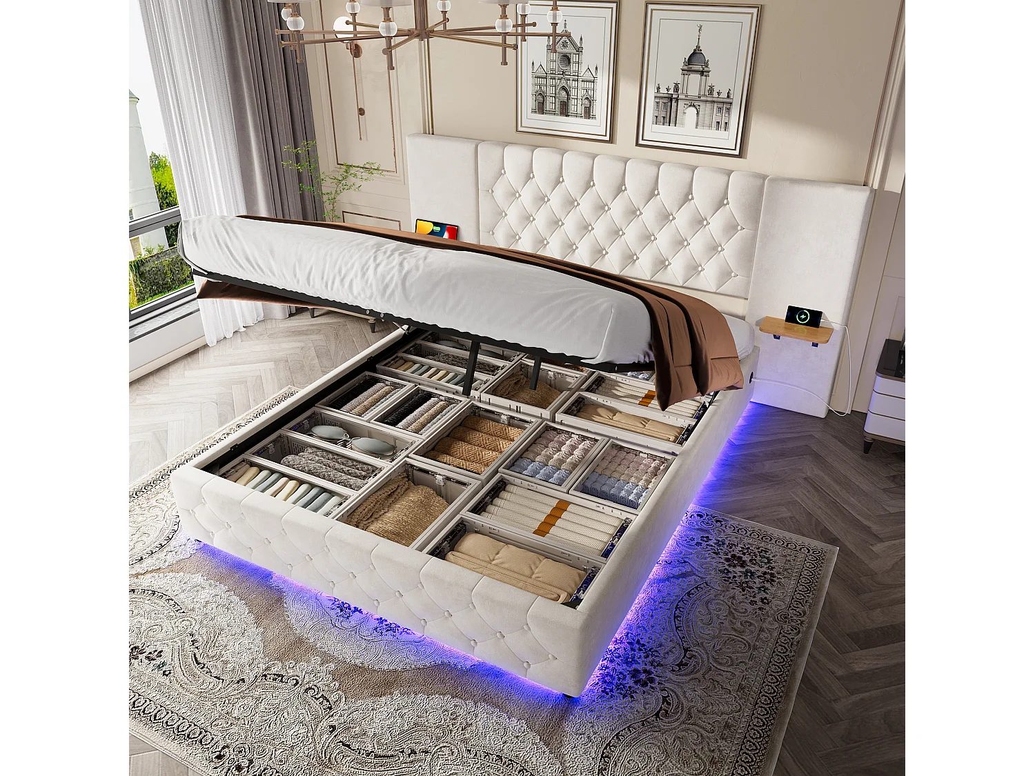 Lit coffre 160x200 cm - avec LED et port USB - velours beige - sans matelas