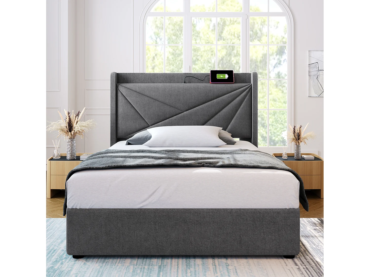 Łóżko dziecięce 90x200 cm - z zagłówkiem, portami USB i USB typu C, stelażem - szary len - materac w cenie